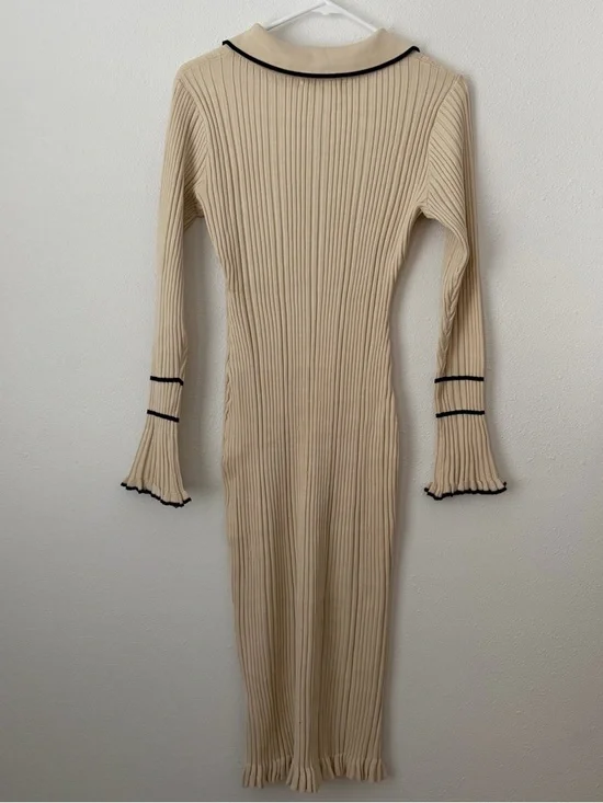 Grace Karin Cream Ribbed Polo-Collar Midi Dress with Contrast Trim - Picture 3 of 6